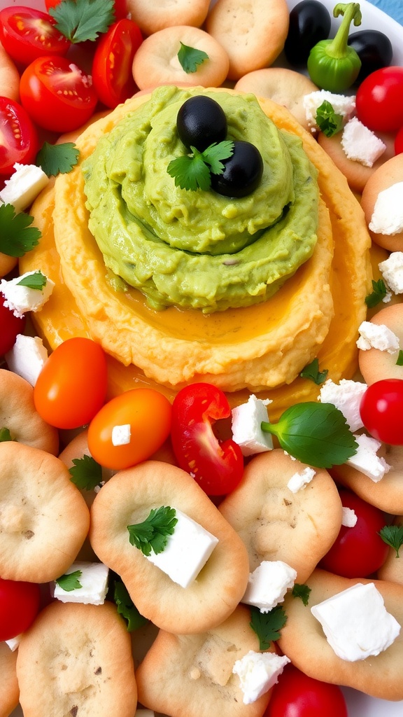 A colorful appetizer platter with guacamole, hummus, mini pita breads, cherry tomatoes, and feta cheese.
